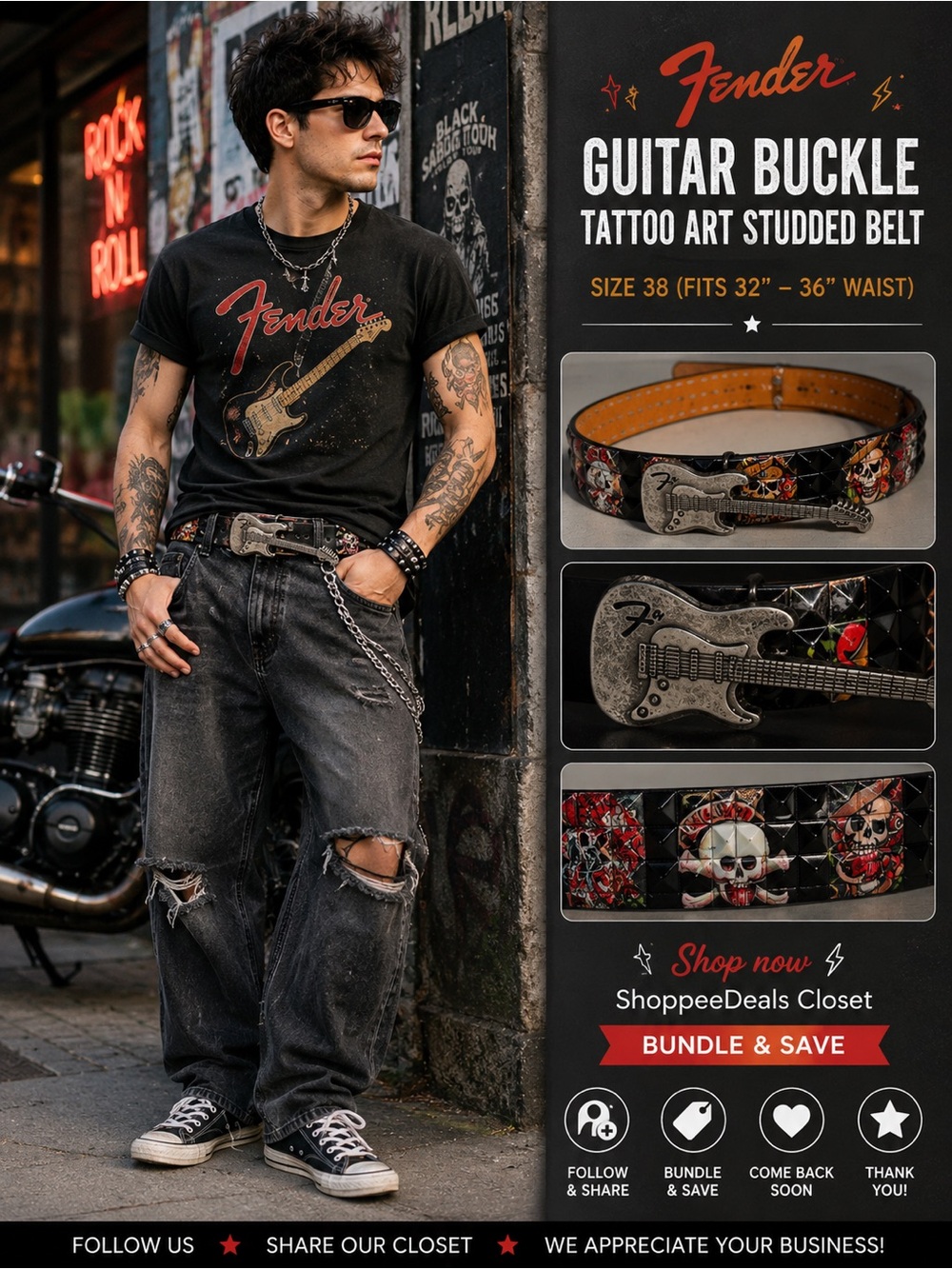 Fender Guitar Buckle Tattoo Art Studded Belt – Black